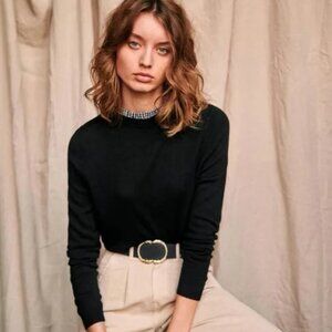 Sezane Eduardo Merino Wool Gingham Ruffle Neck Black Sweater Medium